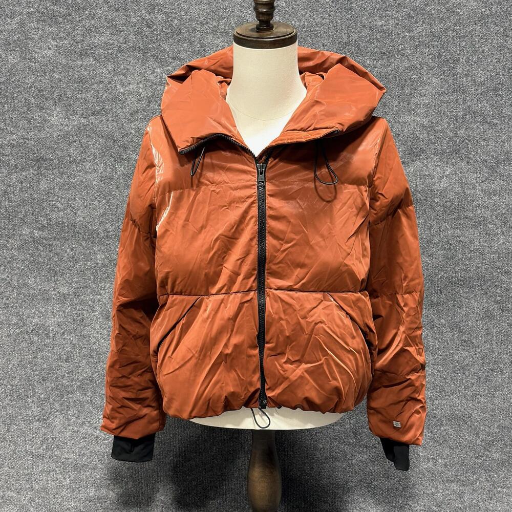 SOIA & KYO Jacket Womens M Orange Hooded Down Puffer Quilted Short Zip